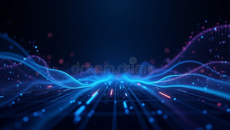 A high-tech business background with a sleek, futuristic aesthetic. The design should feature a dark gradient backdrop with glowing blue and purple circuit lines, floating data streams, and holographic interface elements. Include subtle binary code patterns and abstract digital waves to enhance the modern technology feel. The overall look should be clean, professional, and visually engaging, suitable for business presentations and websites.