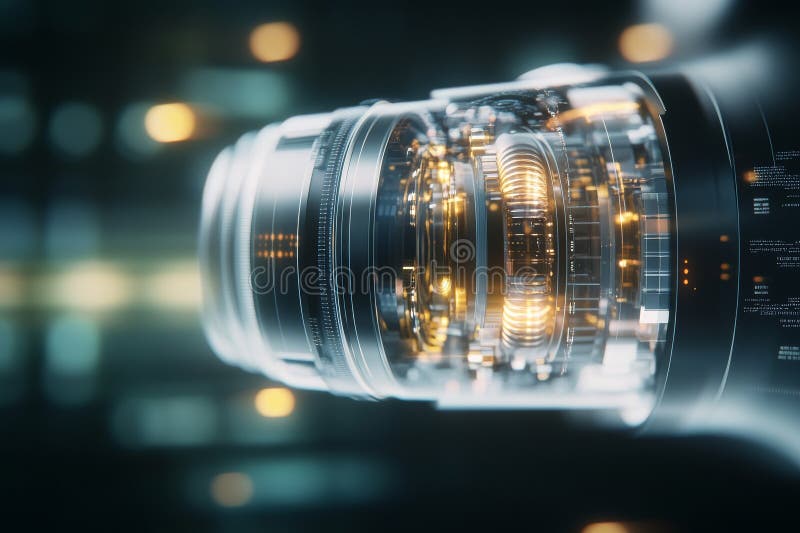 High tech camera lens with digital effects in a futuristic setting stock image