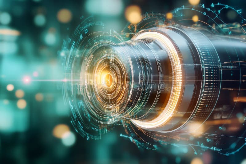 High tech camera lens with digital effects in a futuristic setting stock images