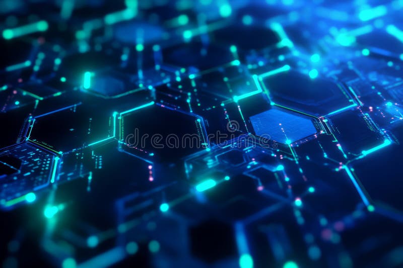 A high-tech, circuit board-inspired 3D background with glowing hexagons interconnected by thin stock images