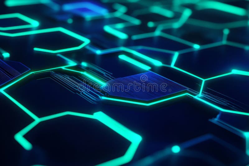 A high-tech, circuit board-inspired 3D background with glowing hexagons interconnected by thin stock photography