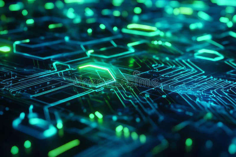 A high-tech, circuit board-inspired 3D background with glowing hexagons interconnected by thin stock photos