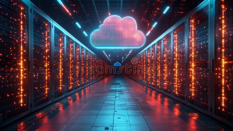 High-Tech Cloud Server Room with Neon Lights Generative AI stock illustration