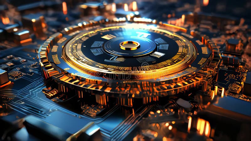 High tech computer chip with processor on motherboard stock illustration