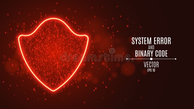 High-tech computer concept. A red glowing neon shield from a binary code. Hacking the system. Access denied vector illustration