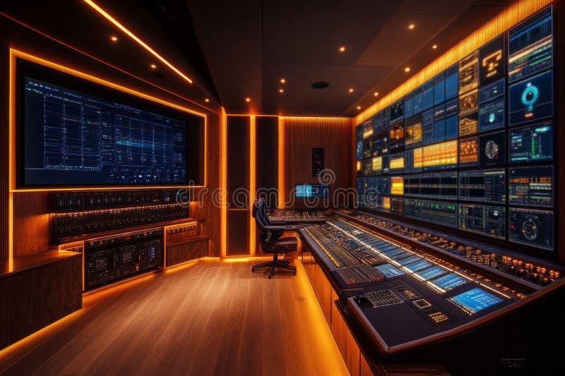 High-tech control room featuring multiple screens and sophisticated technology stock images