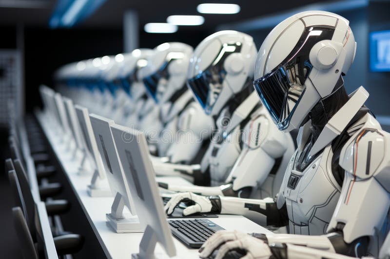 In a high-tech control room, a team of sophisticated androids efficiently carries out their duties under the cool glow of blue lights, showcasing the cutting-edge future of work. Robots working futuristic office stock images, royalty-free photos and pictures