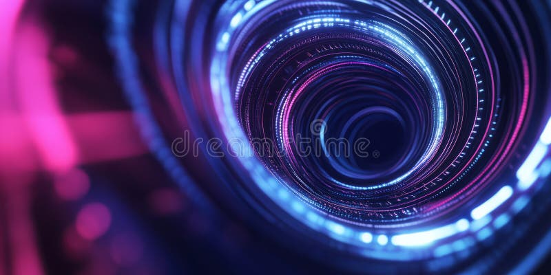 A high-tech 3D abstract background with swirling luminous waves, forming an intricate neon vortex. stock image