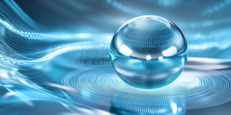 A high-tech 3D background depicting a levitating, spinning metallic sphere surrounded by swirling stock photo