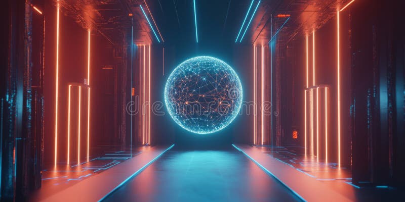 A high-tech 3D background featuring a floating energy sphere surrounded by a network of stock photos
