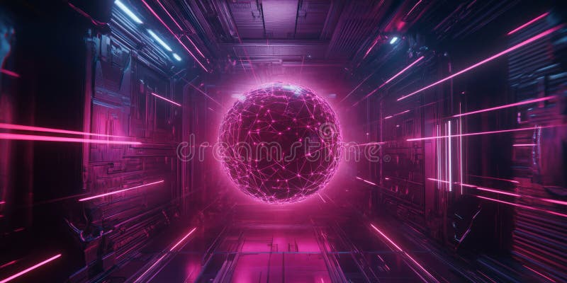 A high-tech 3D background featuring a floating energy sphere surrounded by a network of royalty free stock photo