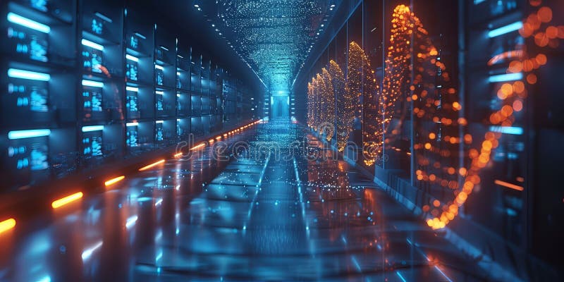 High-tech data center corridor with illuminated server racks and digital visualizations stock images
