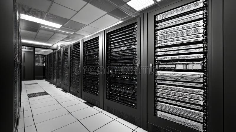 A high-tech data center equipped with illuminated server racks and a modern architectural style stock photo