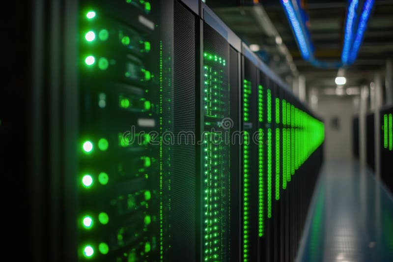 A high tech data center with glowing green servers and blue lighting at night stock images