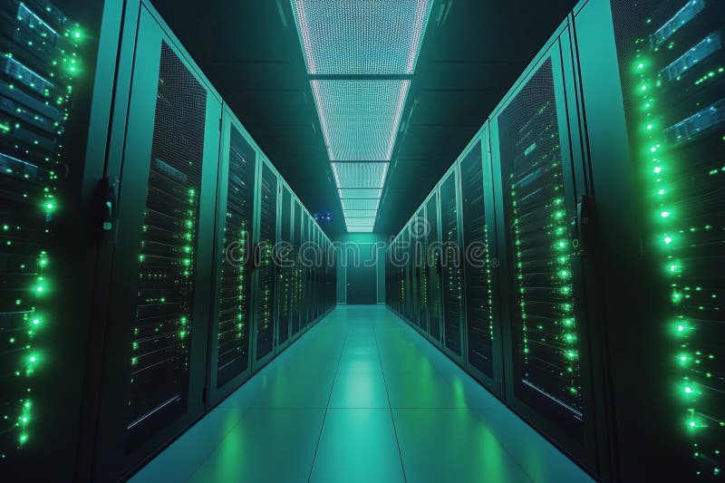 A high tech data center with glowing green servers and blue lighting at night royalty free stock image