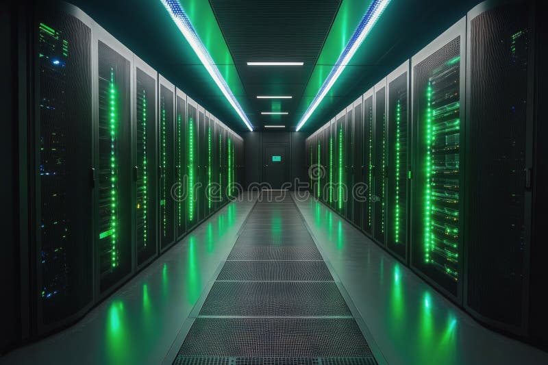 A high tech data center with glowing green servers and blue lighting at night royalty free stock images