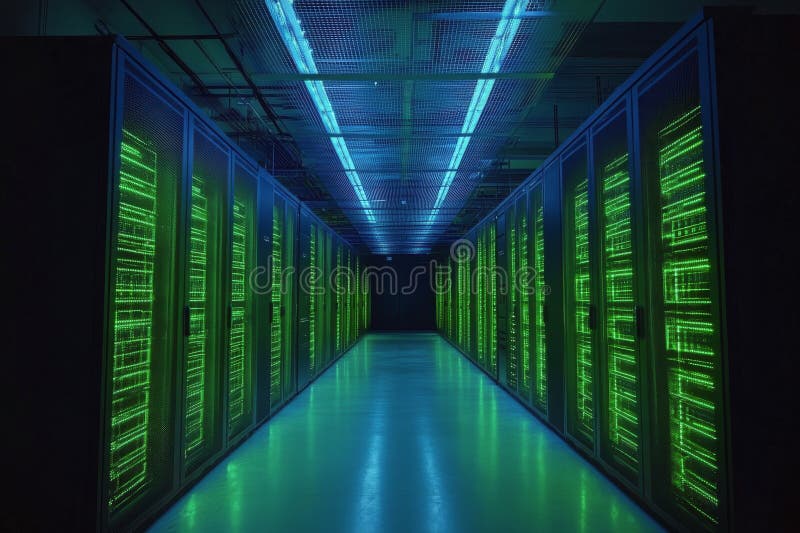A high tech data center with glowing green servers and blue lighting at night. Rows of glowing green servers illuminate a high tech data center, surrounded by blue lighting. The cool colors create a futuristic atmosphere in this modern storage AI generated