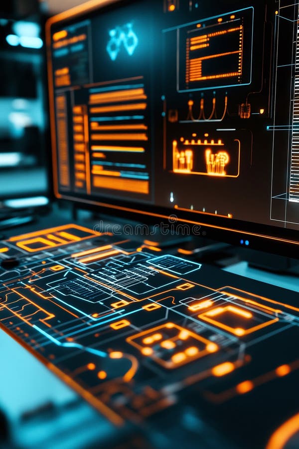 High-tech desktop showing a CAD rendering of a national electrical grid system with key node points highlighted. stock illustration