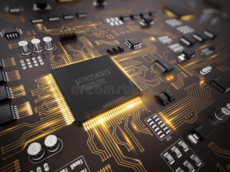 High tech electronic PCB (Printed circuit board) with processor, microchips and glowing digital electronic signals vector illustration