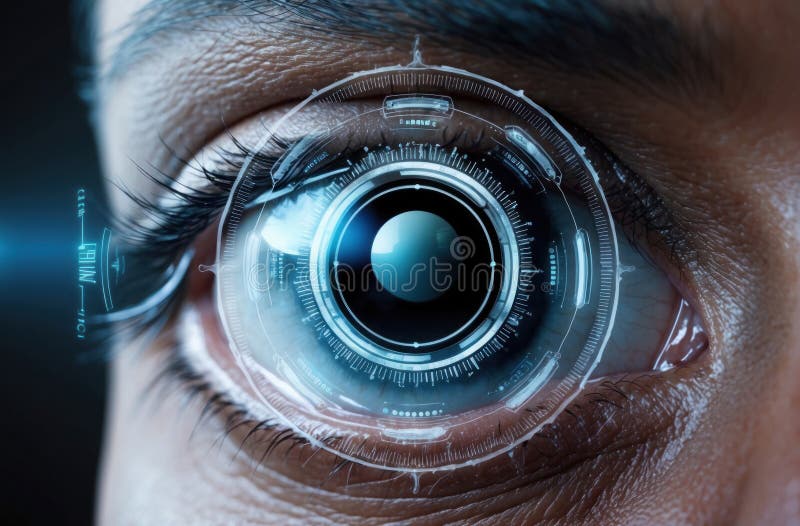 High-tech eye exam. Close-up iris with diagnostic graphics. Showcases advanced ophthalmology and vision analysis stock illustration