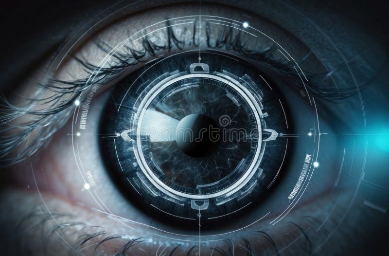 High-tech eye exam. Close-up iris with diagnostic graphics. Showcases advanced ophthalmology and vision analysis royalty free illustration