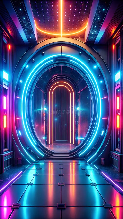 High tech fantasy round portail néon lumière. entrée d'éclairage. ai générée photo 4k portrait vue d'avant 8k. arrière-plan d'image hd.