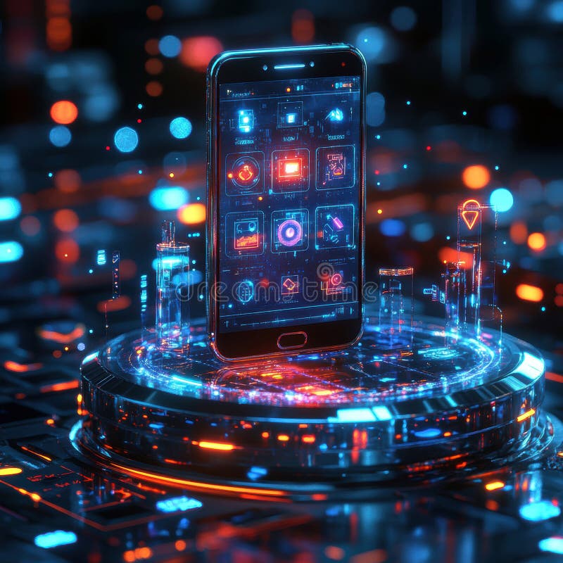 A high-tech, futuristic image showcasing a smartphone with holographic interfaces in an advanced technological setting - royalty free stock images
