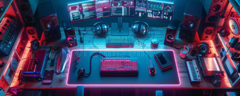 High-tech futuristic workspace with neon lighting and multiple screens royalty free stock photo