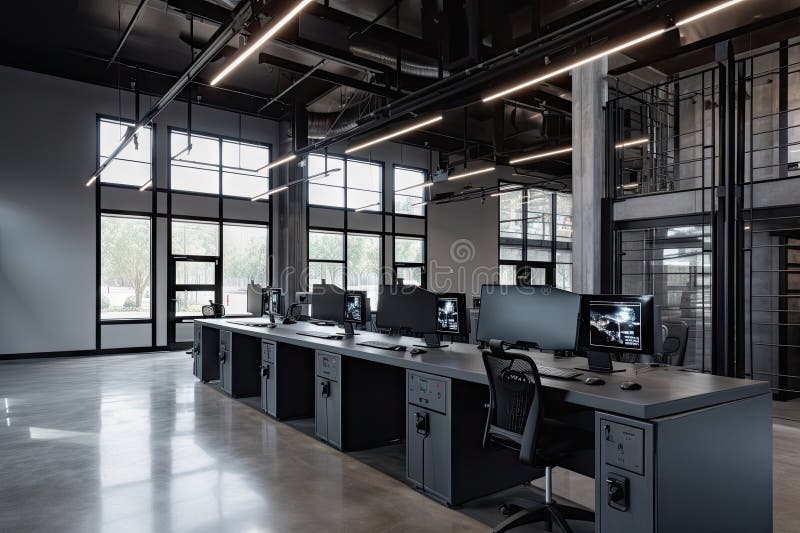 High-tech Industrial Office, with Sleek Furniture and Advanced