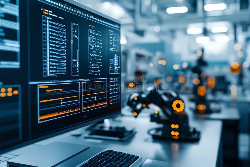 Hightech industrial robotic arm in advanced factory setting showcasing automation technology programming and innovation in stock illustration