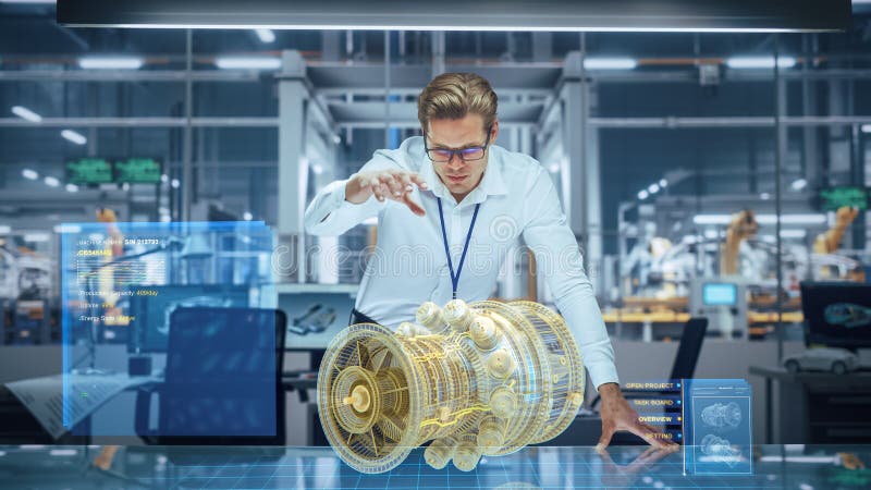 High-Tech Industry: Engineer Designing 3D Engine, Using Augmented Reality Hologram Table to Analys royalty free stock photos
