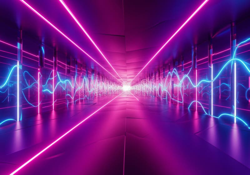 A high-tech infinity tunnel lined with intricate mirrored panels reflecting pulsating neon light waves royalty free stock image