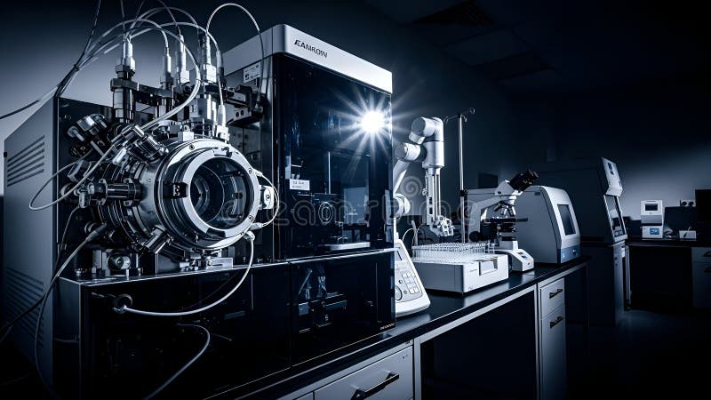 Advanced Scientific Laboratory Equipment Mass Spectrometer, Robotic Arm, Microscope vector illustration