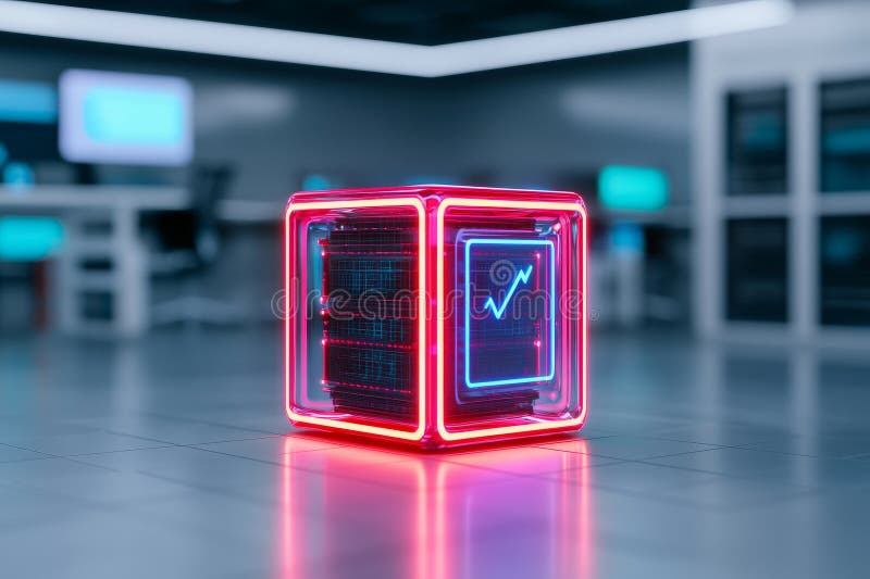 In a high-tech laboratory setting, a quantum computer is enclosed in a transparent, illuminated cube with circuits royalty free stock image