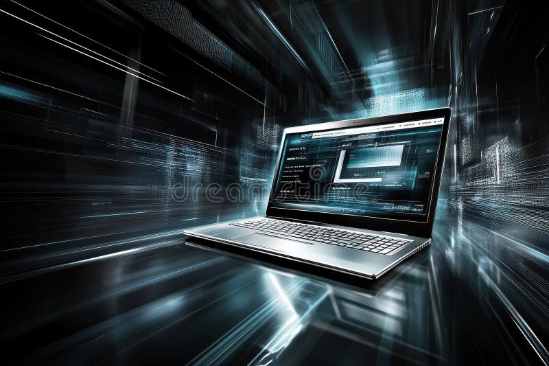 High-Tech Laptop Displaying Secure Payment Gateway with Futuristic Background royalty free stock image