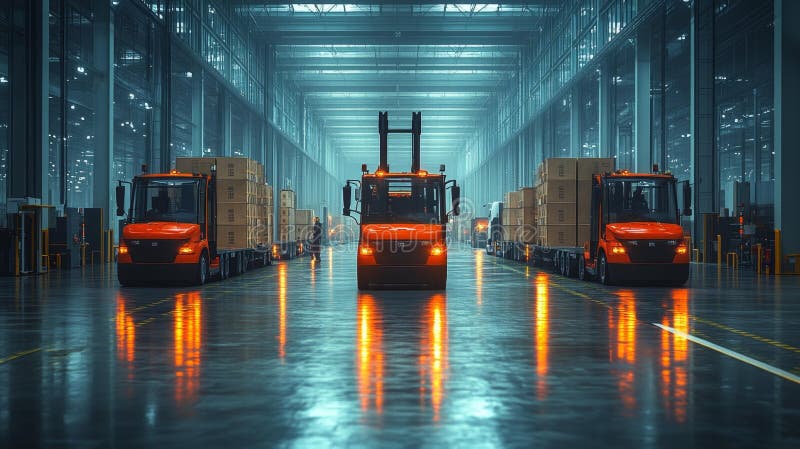 High-Tech Logistics Warehouse with Autonomous Forklifts Generative AI stock illustration