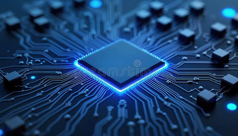 High-tech microchip on circuit board. Complex tech design. Modern computer hardware component. Advanced electronic processor. royalty free illustration