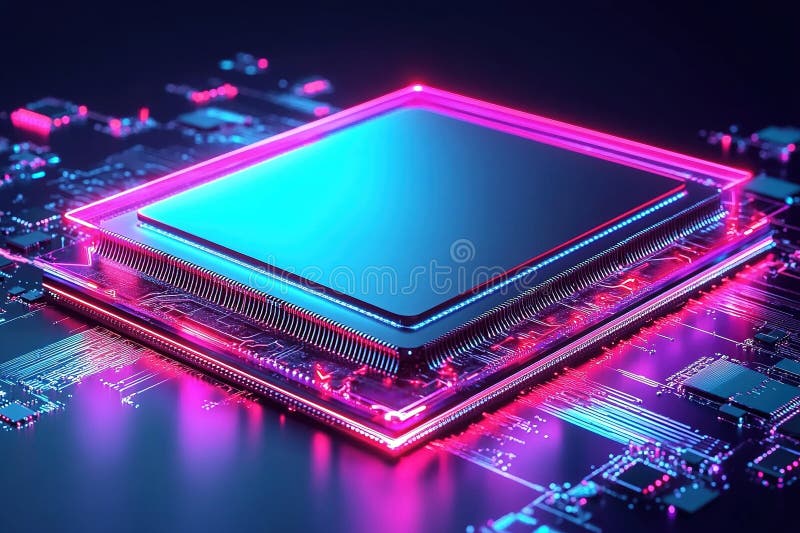 High-tech microprocessor on a circuit board illuminated with vibrant neon colors. A detailed view of a microprocessor sitting on a circuit board, designed with vivid neon lighting in shades of blue and pink. The intricate circuitry showcases advanced technology. AI generated