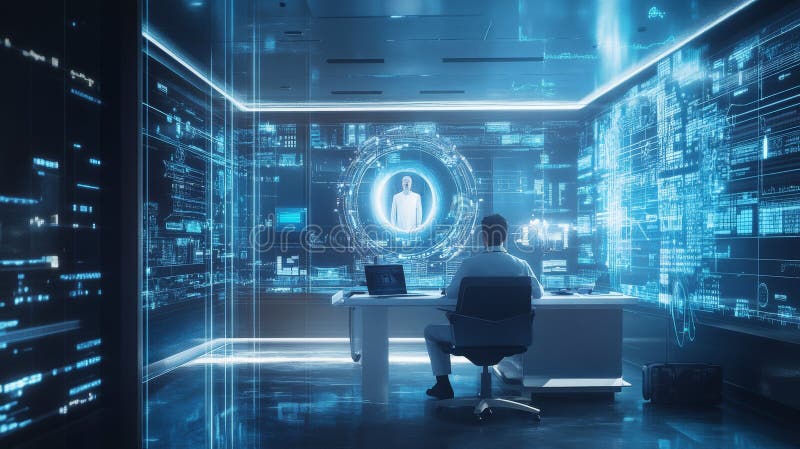 High-tech office with holographic interface and futuristic workspace royalty free stock photos