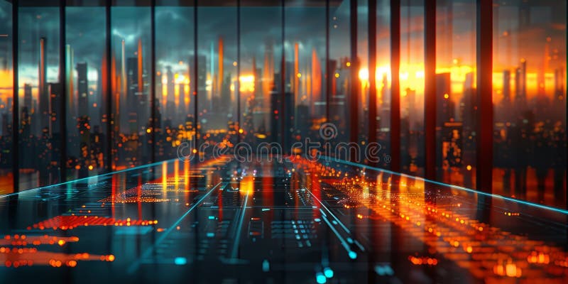 High-tech office with illuminated digital interface table and futuristic cityscape at sunset stock images