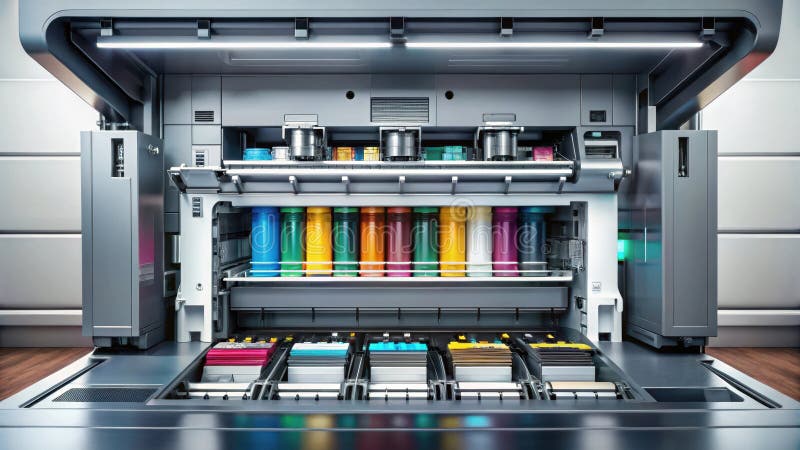 High-tech printing machine showcasing vibrant ink cartridges and paper trays, ready for a large-format print job. Generative AI royalty free illustration