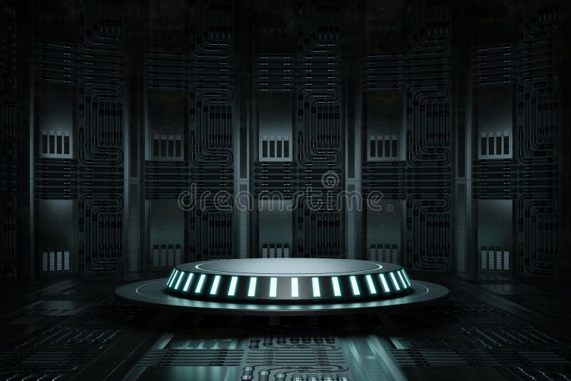 High-tech product podium platform studio in spaceship with electric wire lamp and engine background. Hi-tech retro stage and royalty free illustration