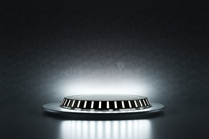 High-tech product podium platform studio in spaceship with electric wire lamp and engine background. Hi-tech retro stage and vector illustration