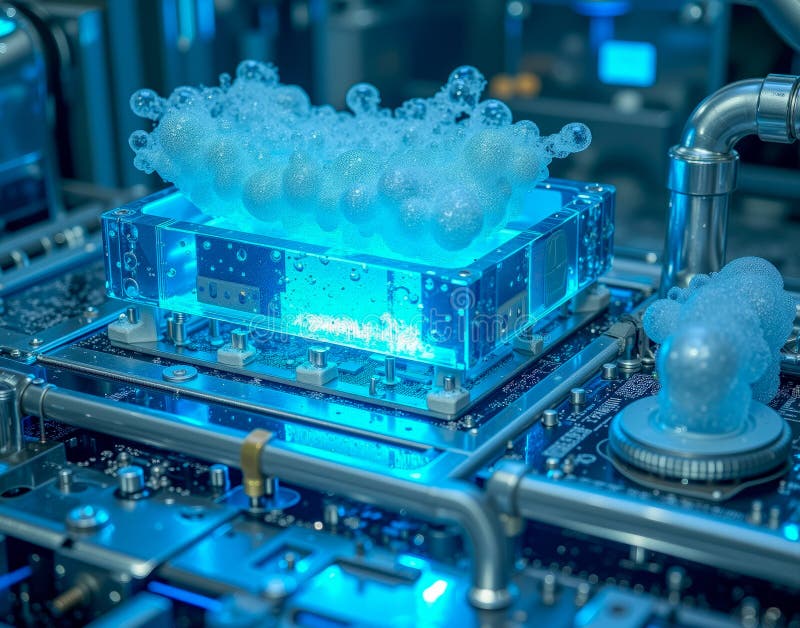 Liquid-cooled quantum servers with bubbling coolant in glass pipes, housed on lab-grade stainless steel platforms royalty free illustration