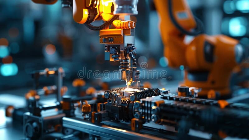 High tech robotic arm working on circuit board in factory royalty free illustration