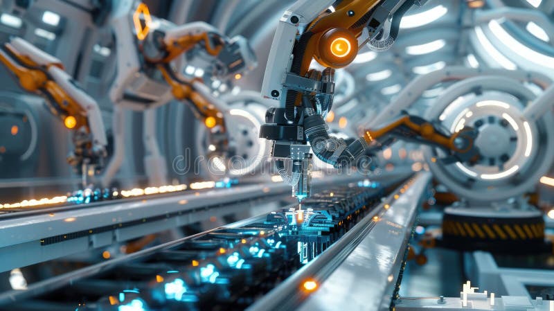 High-tech robotic arms assembling detailed EV battery parts in an advanced factory. EV Battery Components Production stock illustration