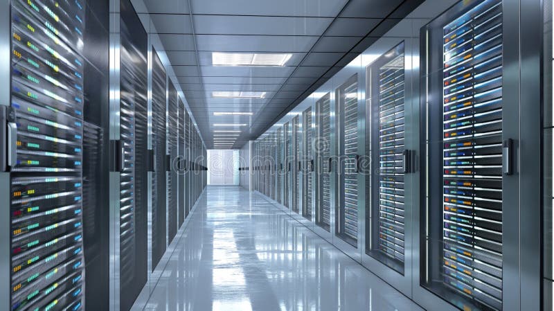 High-tech server room data center with rows of computer racks, servers, network equipment. Three-dimensional rendering complex stock illustration