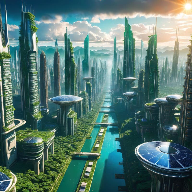 Concept of solarpunk city, ai art Stock Illustration