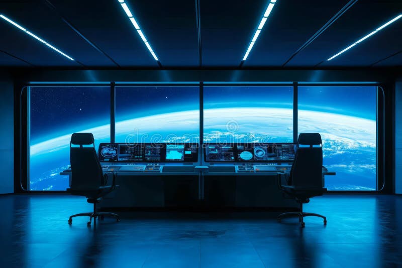 A high-tech space station command center 3D background room with ultra-modern control panels stock image