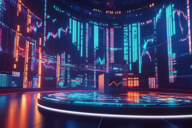 A high-tech stock market center 3D background featuring a digital podium displaying real-time financial data. Massive LED screens flash stock prices, while traders navigate the fast-paced world of futuristic economics. AI generated